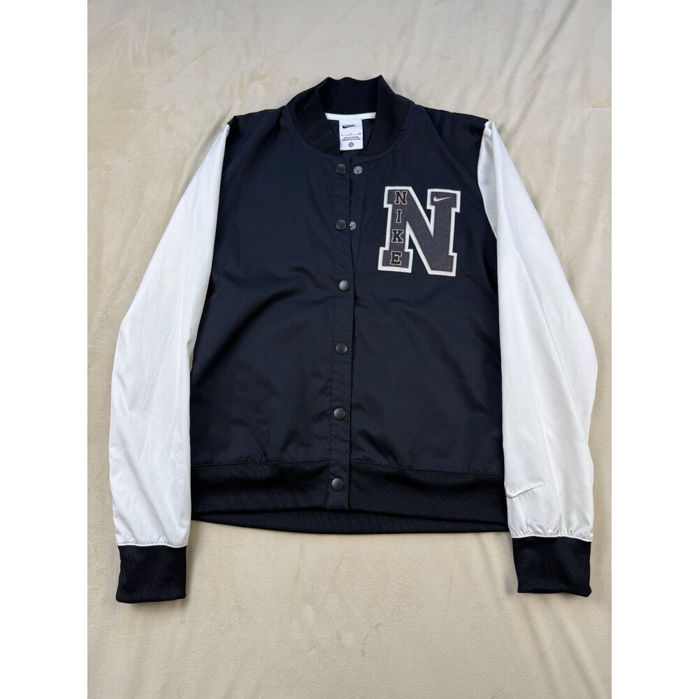 Nike Women’s Varsity Bomber Jacket Size S Black White Chenille N Patch